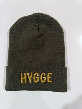 Classic Olive Knit Beanie with Gold Hygge Embroidery